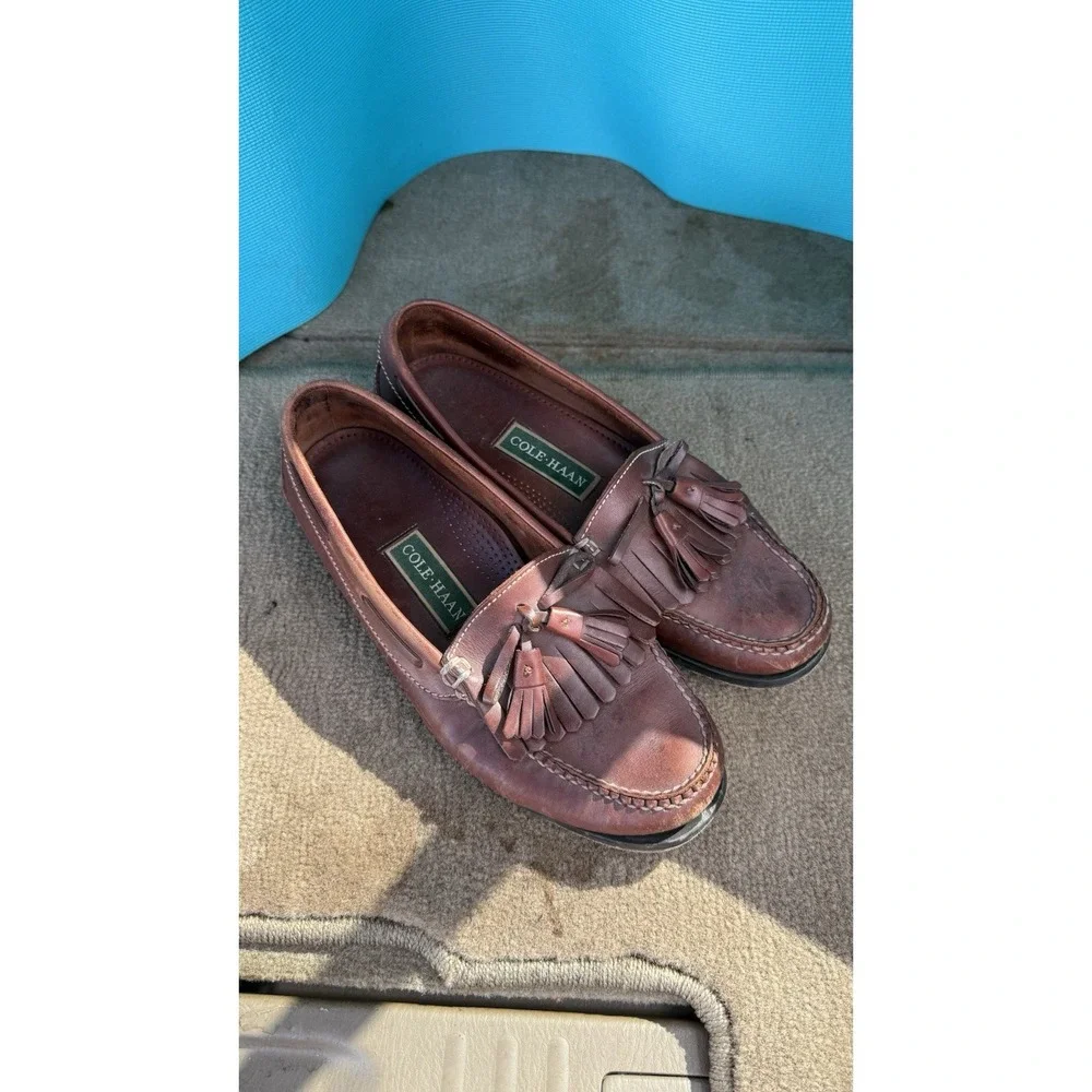Cole Haan Men 9.5 Brown Leather Kiltie Tassel Loafers Boat Driving Shoes Moc Toe